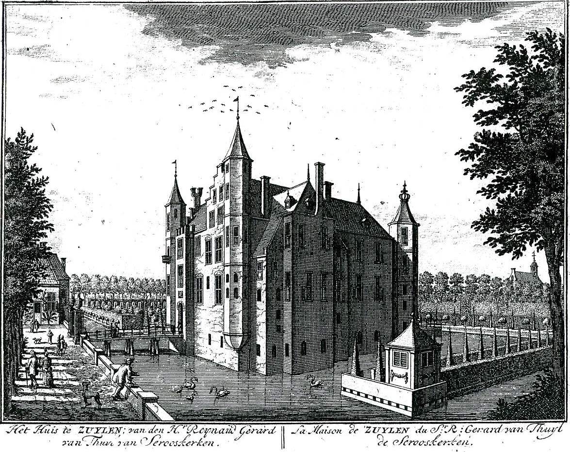 Black-and-white historical engraving of Slot Zuylen castle with stone towers, moat, formal gardens, and figures in period clothing