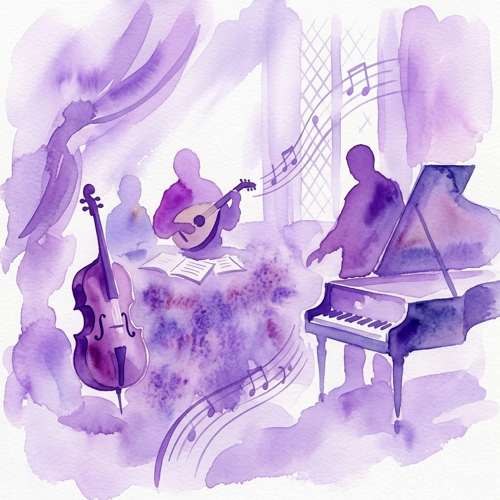 Ilustración en acuarela morada que representa una reunión musical con un violonchelo, un laudista y un pianista, rodeados de notas musicales flotantes, en representación del salón artístico de Gaspar Duarte.