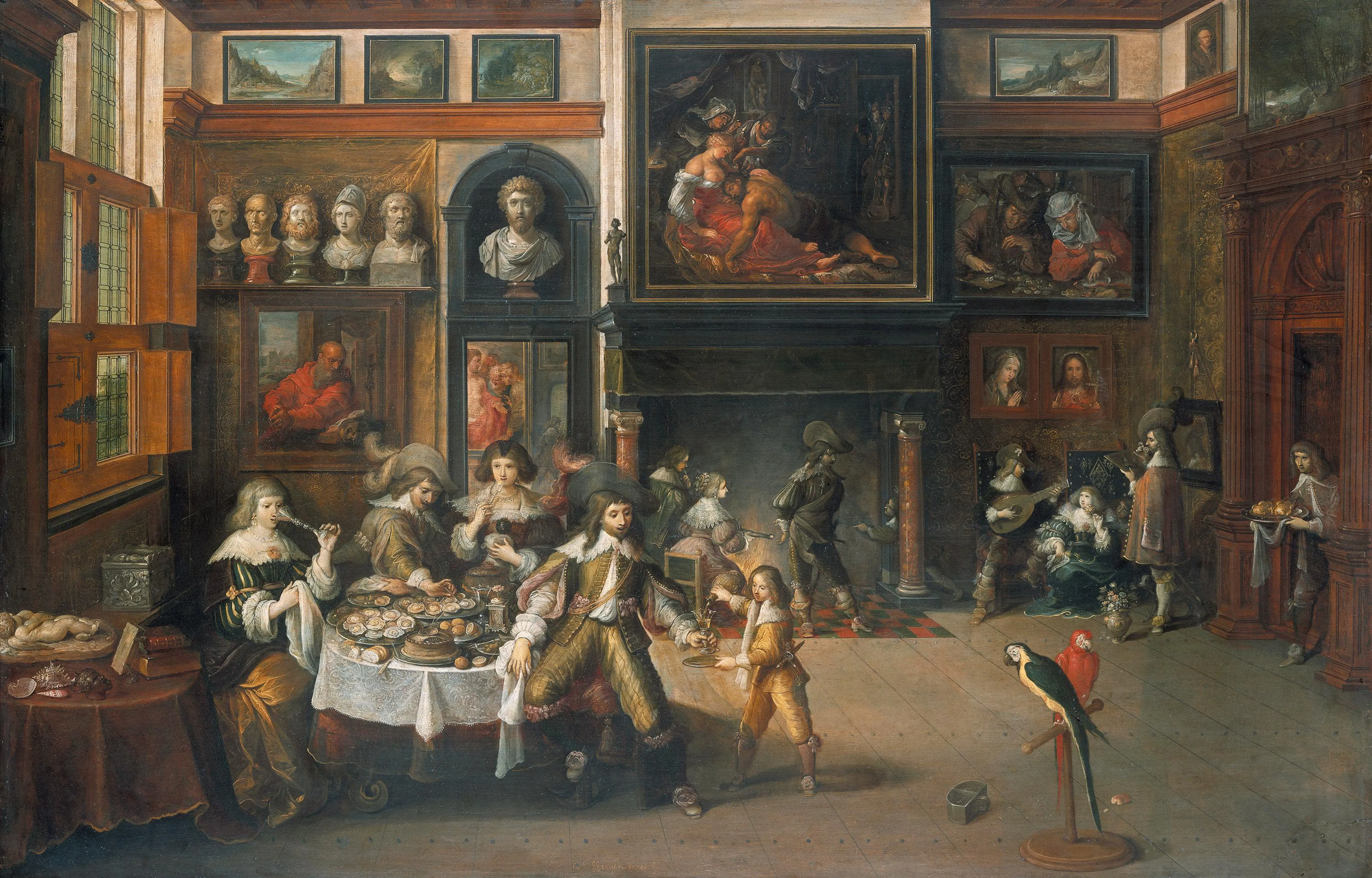 Pintura barroca que muestra un interior del siglo XVII con figuras cenando en una mesa, paredes cubiertas de cuadros y bustos, y un loro en primer plano.