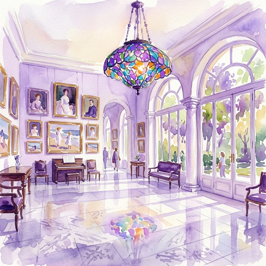 De elegante El Salón in het Sorolla Museum, met marmeren vloeren, zuilen, famil portretten van Sorolla en een grote Tiffany lamp, met uitzicht op de tuin door boogramen.