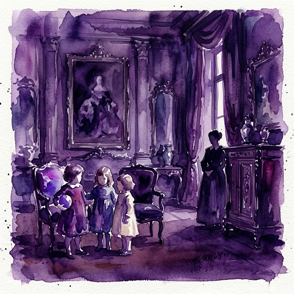 Een aquarel van drie kinderen in een grote, schemerige salon met paarse tinten, geïnspireerd door Sorolla's 'Mis hijos' (Mijn kinderen) en verwijzend naar Velázquez's 'Las Meninas' en Sargent's 'The Daughters of Edward VII'.