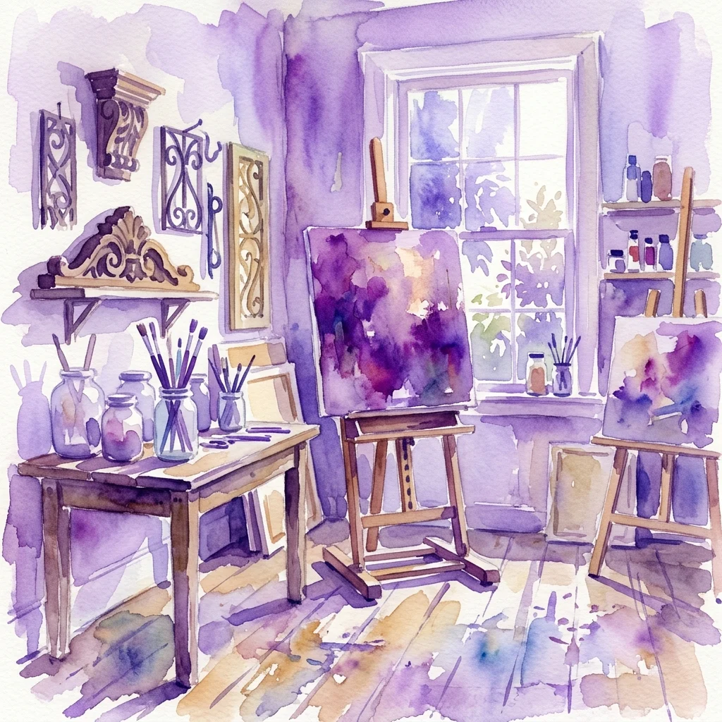Een aquarelillustratie van Sorolla's studio-atelier, met ezel met schilderijen, antieke apothekerspotten met penselen, en architectonisch bergingsmateriaal op planken, gebaad in natuurlijk licht.