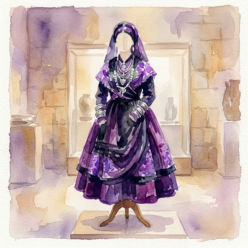 Waterverfillustratie van de Traje de vistas de La Alberca, een traditioneel Spaans kostuum uit Salamanca, met een paarse en zwarte jurk met ingewikkelde zilveren sieraden, tentoongesteld op een etalagepop in een museumsetting.