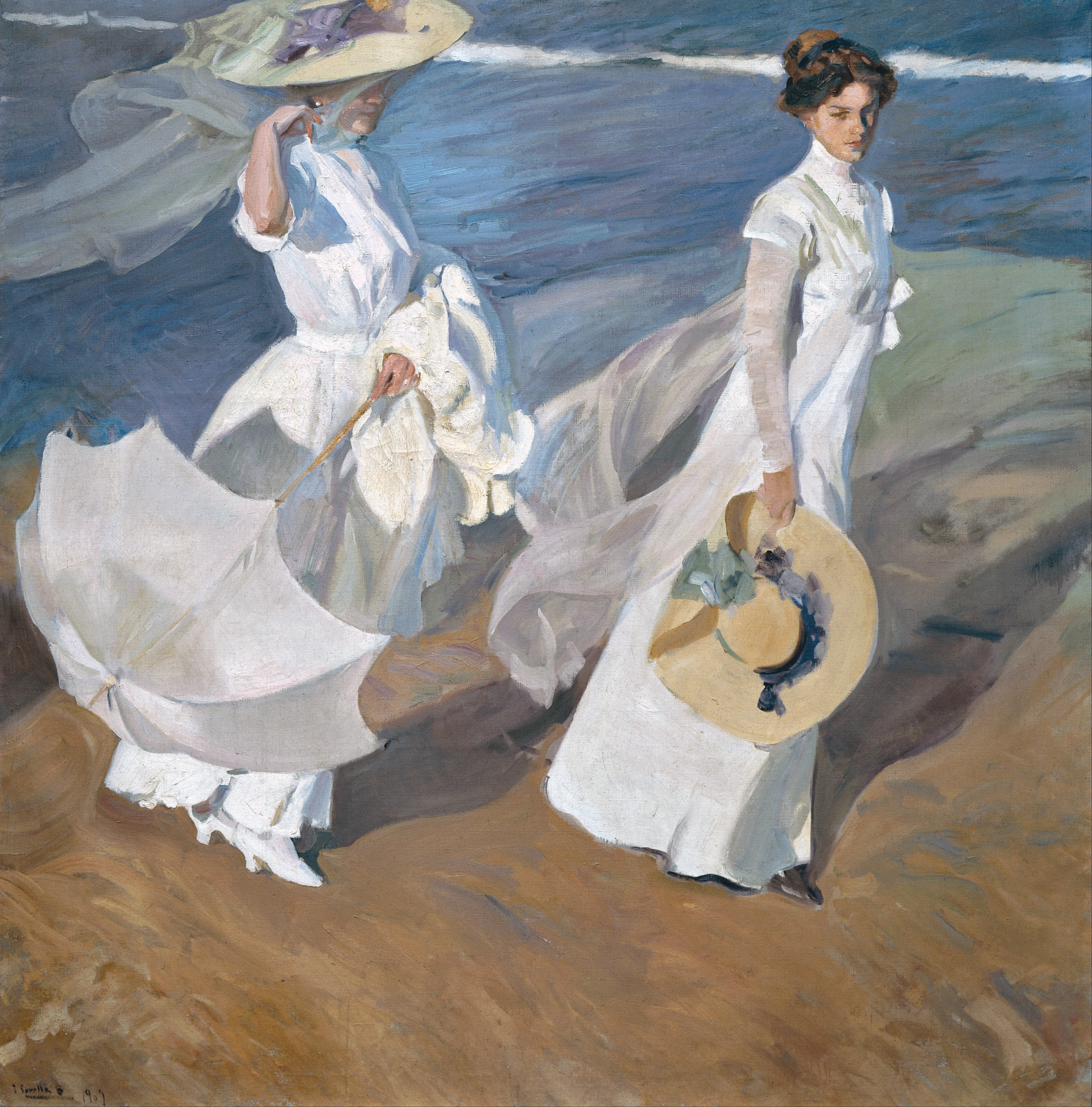 Een schilderij van twee vrouwen in witte jurken die op een strand lopen met de oceaan achter hen