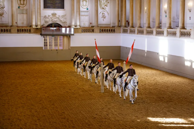 Riders on white horses in formation inside a grand hall with ornate walls and columns