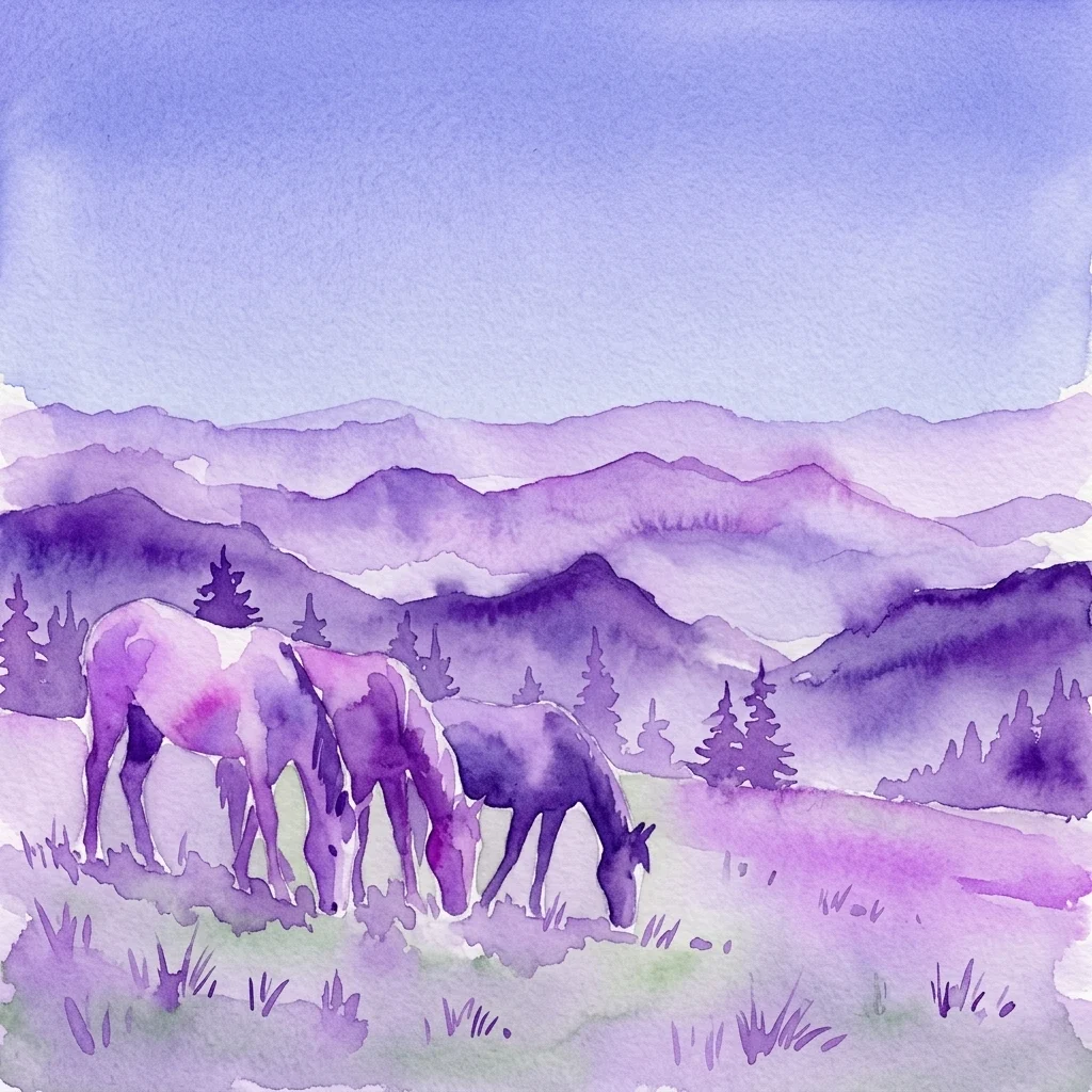 Watercolor painting of Lipizzaner mares grazing on a lush alpine meadow with purple-hued mountains in the background.