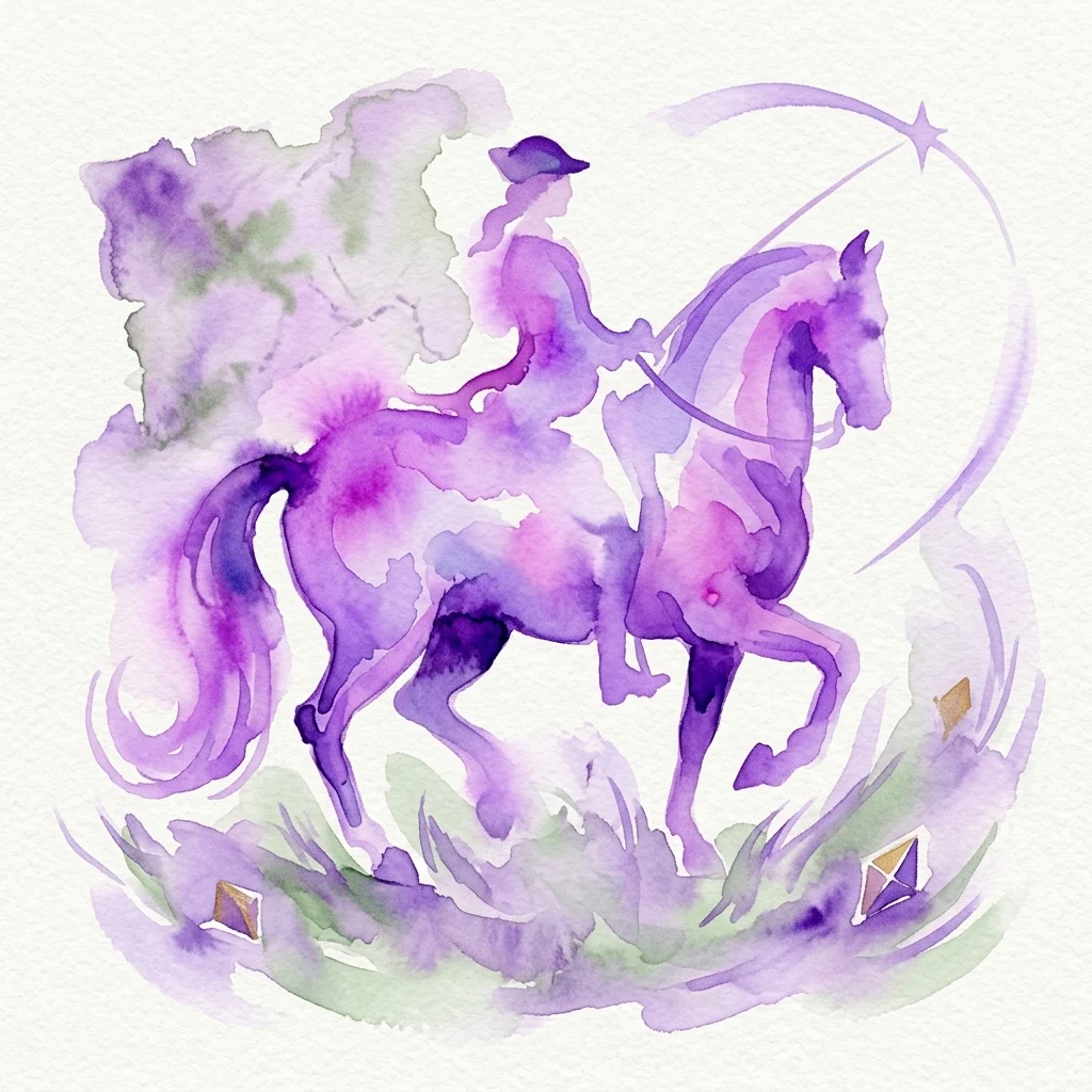 Watercolor illustration of a child riding a Lipizzaner horse in a whimsical adventure setting with purple and green hues, representing the Children's Adventurer Trail at Lipizzaner Stud Piber.