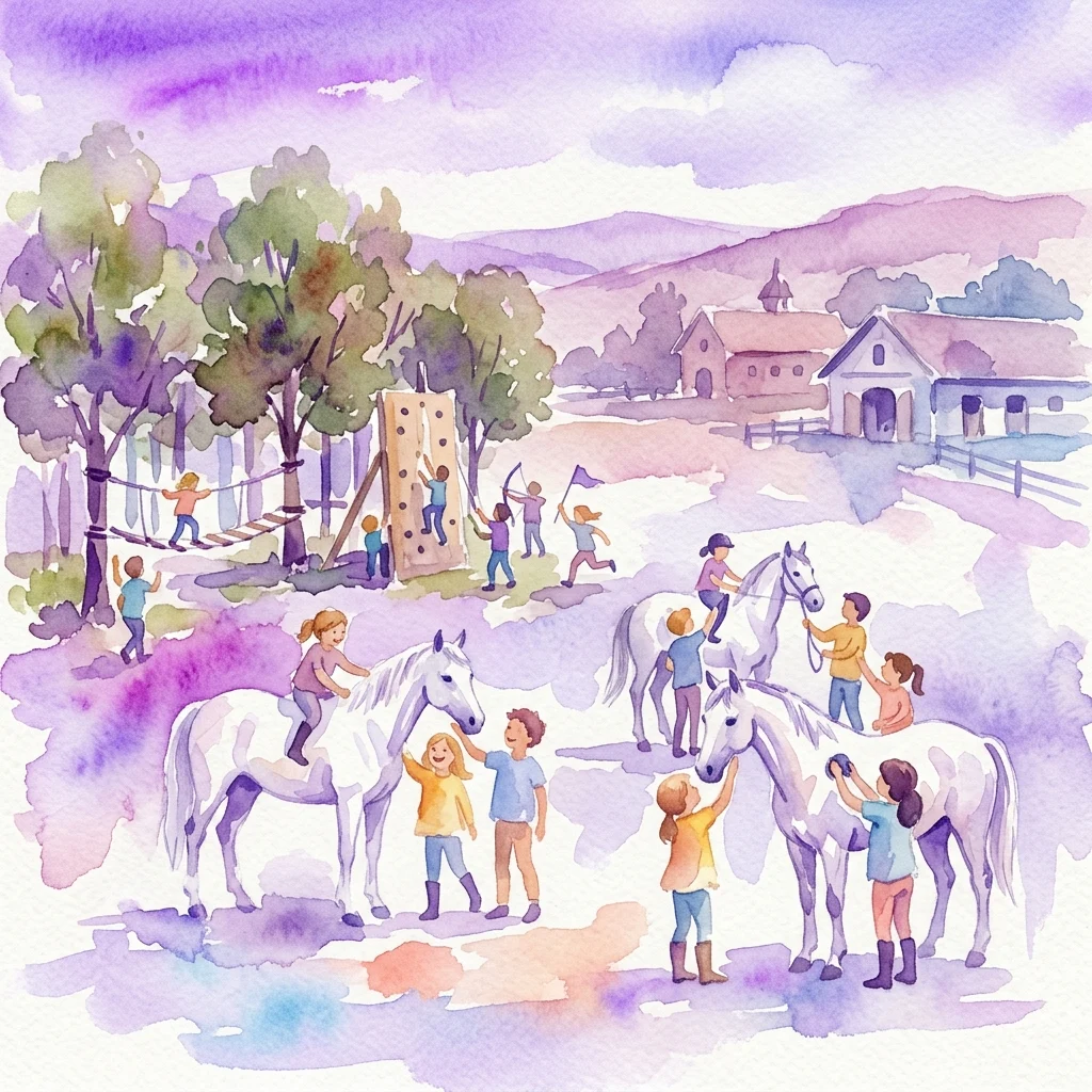 Children participating in outdoor activities with Lipizzaner horses at a stud farm, including riding, grooming, and interactive games in a scenic rural setting.