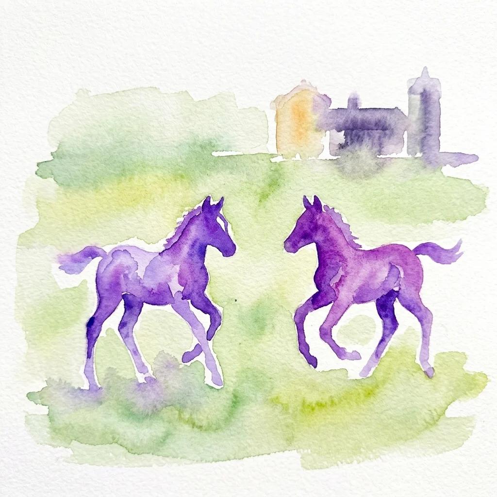 Watercolor painting of two purple foals running in a green field with historic stud buildings in the background.