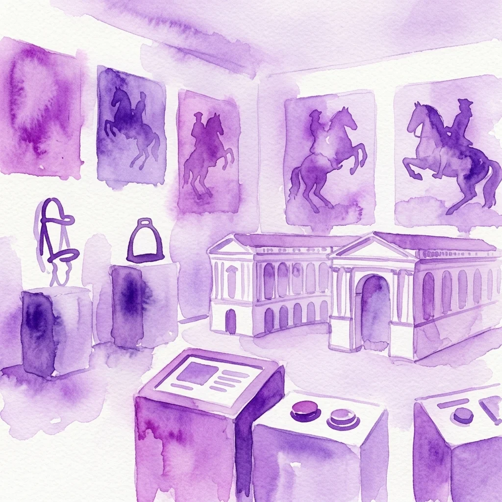 Watercolor illustration of the 'Follow the Herd' exhibition at Lipizzaner Stud Piber, featuring a scale model of the Spanish Riding School, equestrian artifacts, and interactive displays.