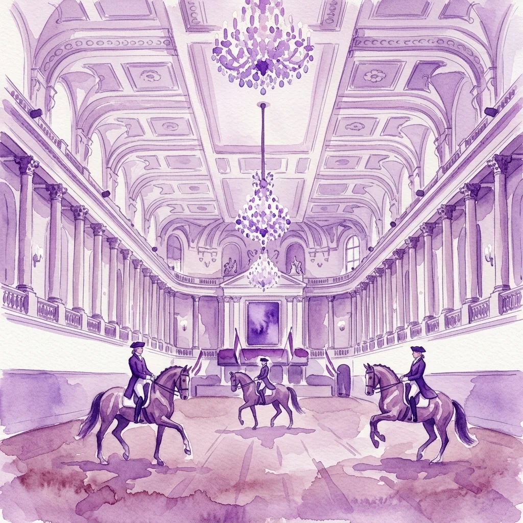 A watercolor illustration of the Spanish Riding School's baroque indoor arena, featuring riders in historical attire performing dressage on Lipizzaner horses under ornate chandeliers.