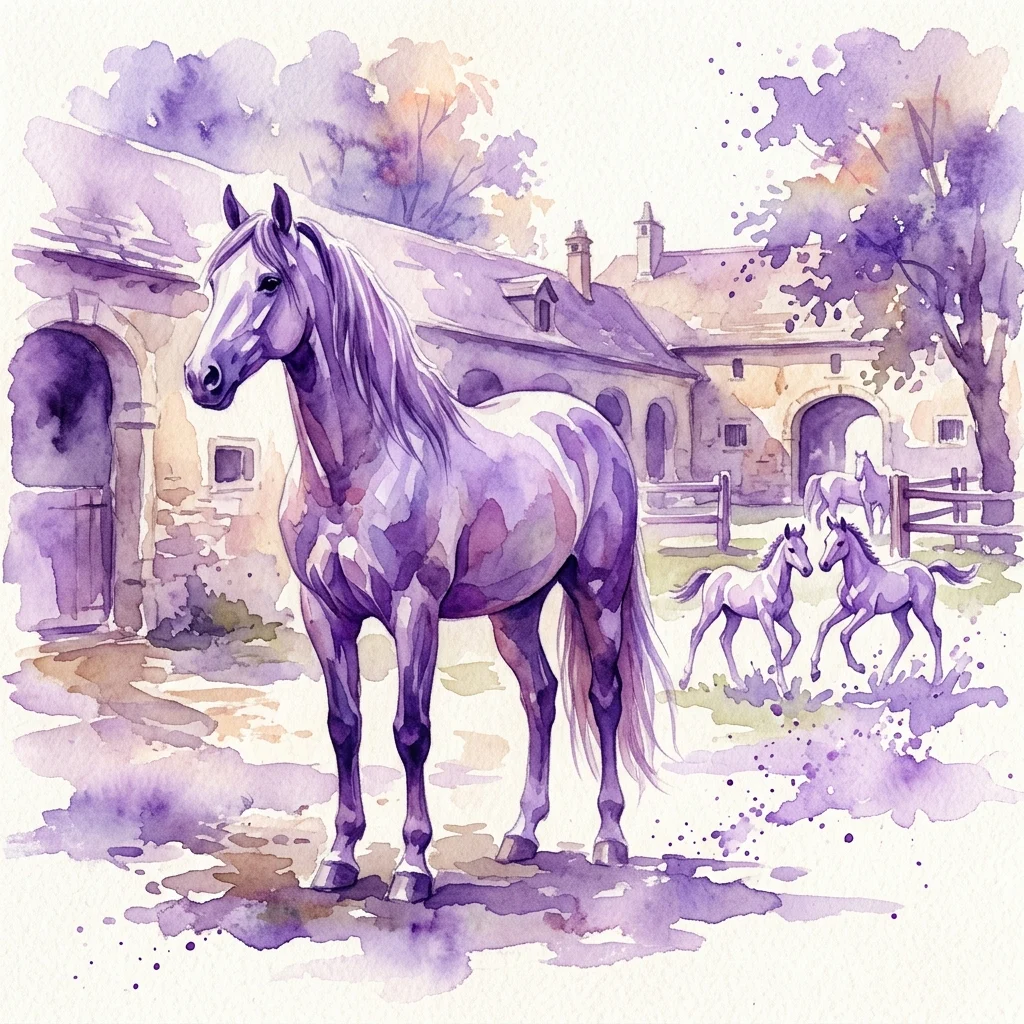 A watercolor illustration of a majestic Lipizzaner horse standing in a sunlit stable yard at Stud Farm Piber, with foals playing nearby and historic stone buildings in the background.