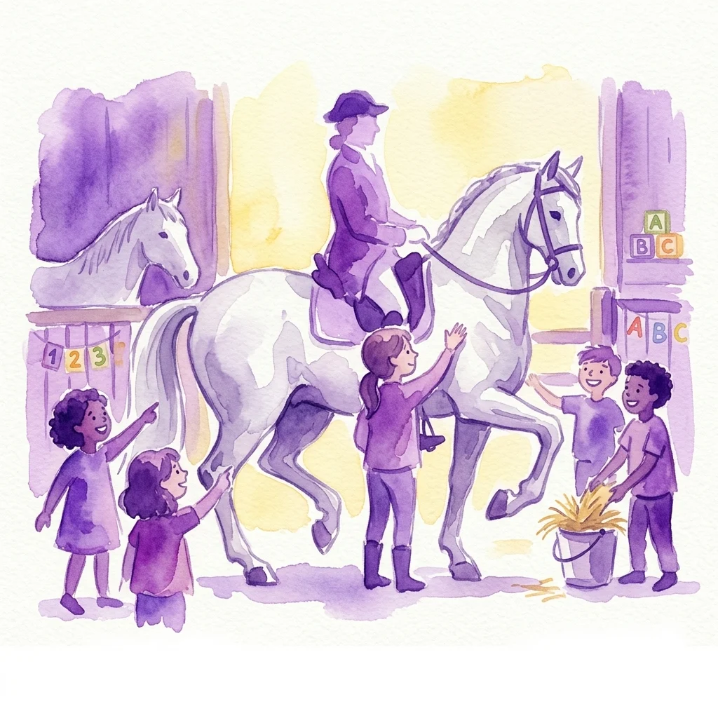 Children interacting with a Lipizzaner horse and rider in a playful educational setting, part of an interactive children's tour at a historic stud farm.