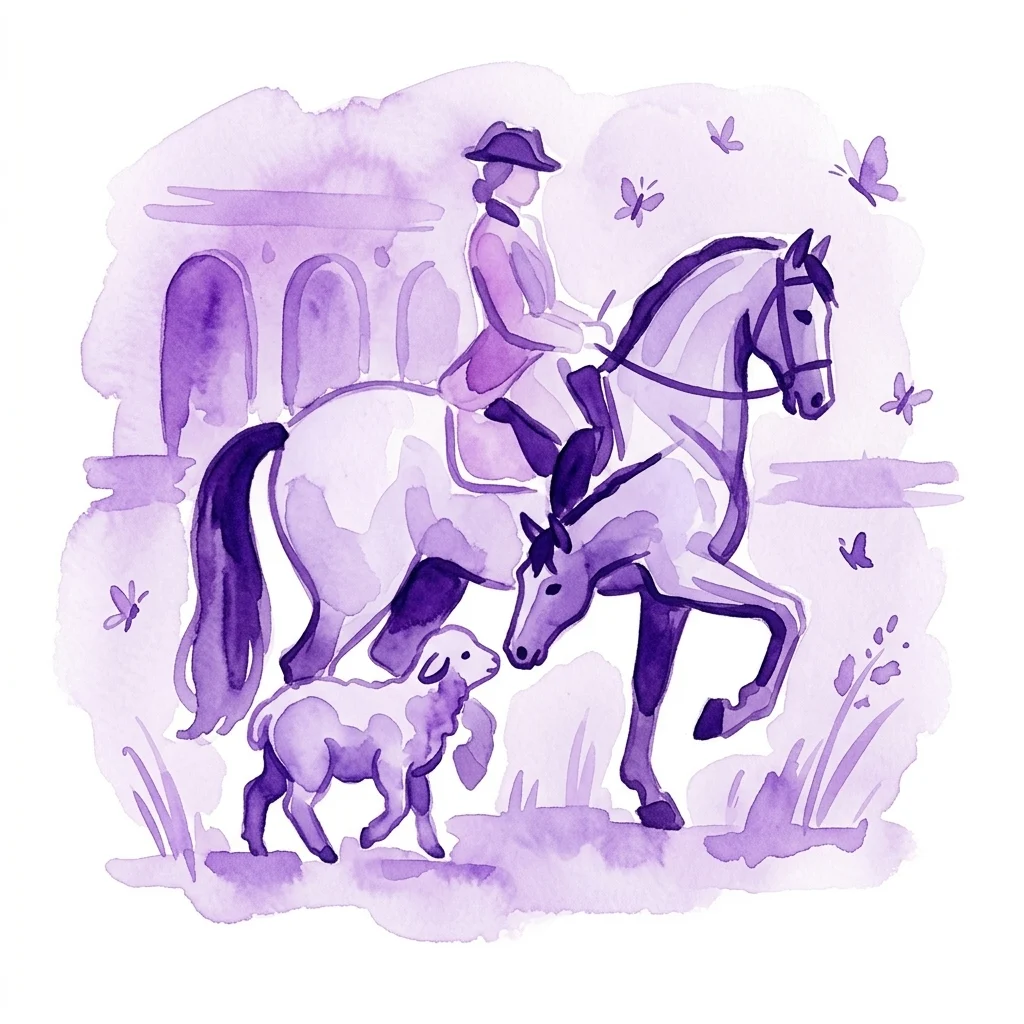 A purple watercolor illustration of a rider on a Lipizzaner horse with a curious lamb, surrounded by butterflies at Stud Piber.