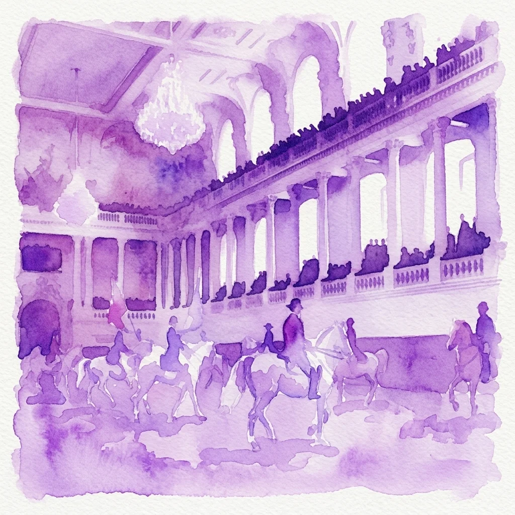 Watercolor illustration of the Spanish Riding School's grand hall with riders on white Lipizzaner horses performing classical horsemanship, viewed from the audience seating.