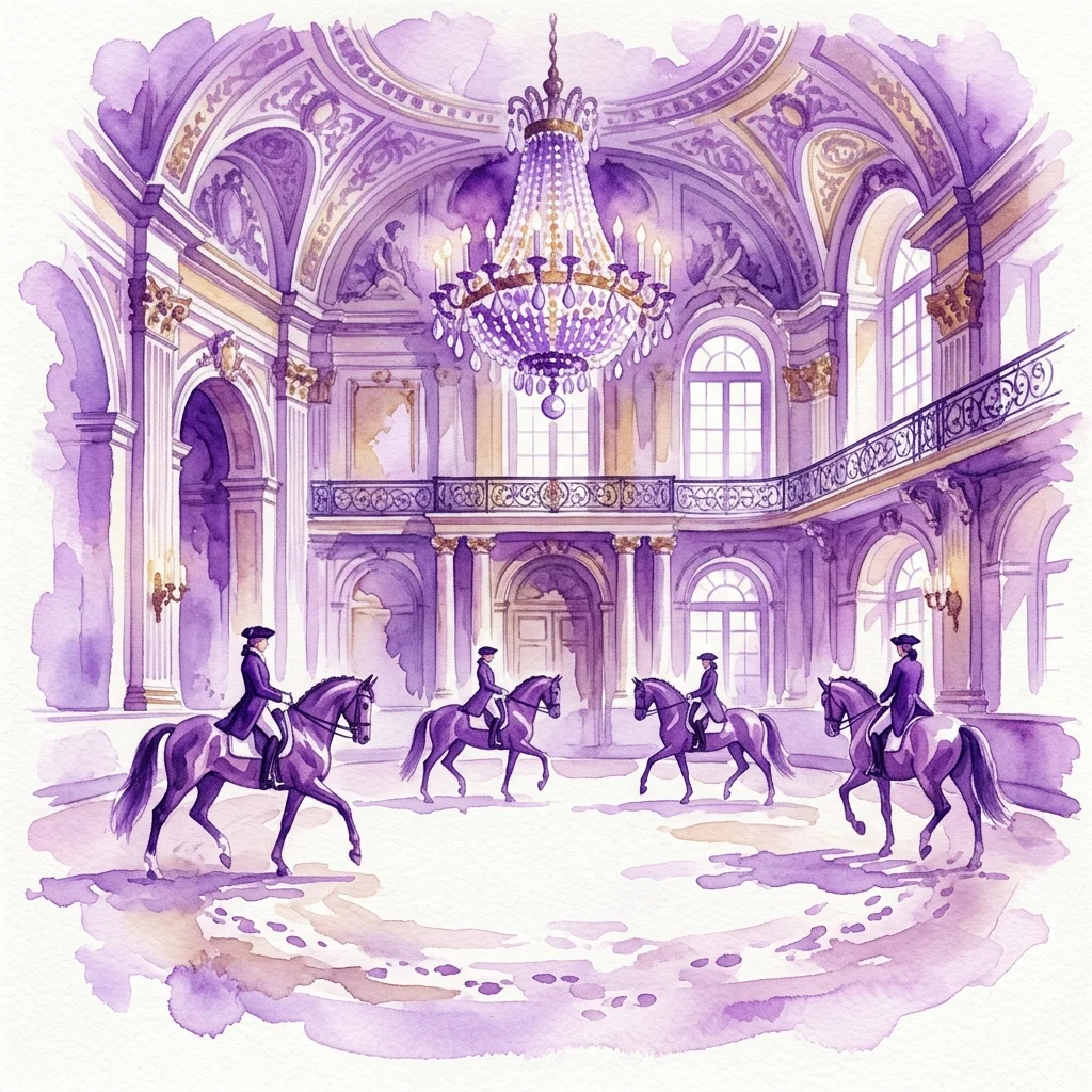 Watercolor illustration of riders on Lipizzaner horses performing training exercises in the baroque Winter Riding School, featuring ornate architecture and a grand chandelier.