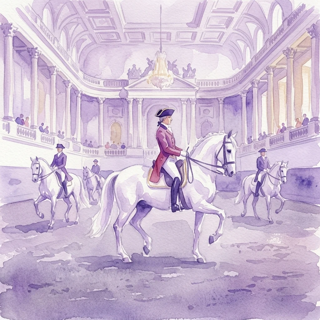 Watercolor illustration of Lipizzaner horses performing classical dressage in the Spanish Riding School, with riders in traditional attire inside a grand baroque hall.