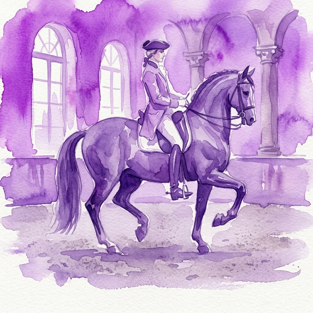 A watercolor illustration of a rider in classical attire on a Lipizzaner horse in a historic riding arena, showcasing elegant horsemanship.