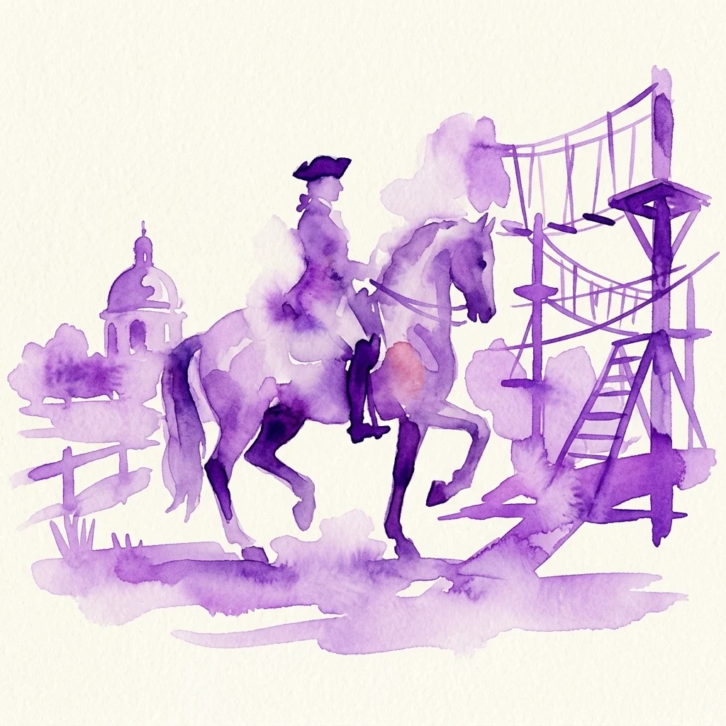 A purple watercolor illustration of a rider on a Lipizzaner horse near a climbing park structure, symbolizing the Stud Tour and Climbing Park experience.
