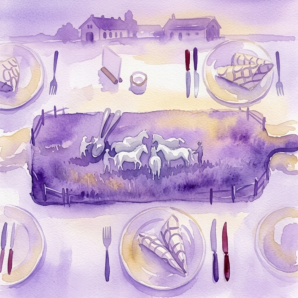 Watercolor illustration of a dining table with plates, cutlery, and a central artwork depicting Lipizzaner horses being gathered at a stud farm during golden hour.