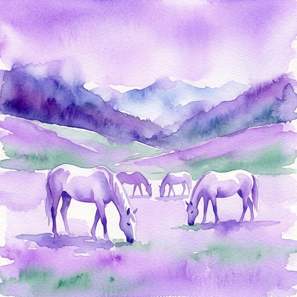 Watercolor painting of young Lipizzaner stallions grazing on a purple-hued alpine pasture with mountains in the background.