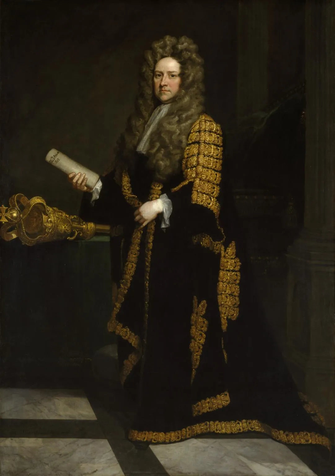 Ten voeten uit geschilderd olieverfschilderij van een man in een zwart gewaad met gouden borduursels en een grote pruik, die een perkamentrol vasthoudt en naast een ceremoniële gouden strijdknots op een marmeren vloer staat.