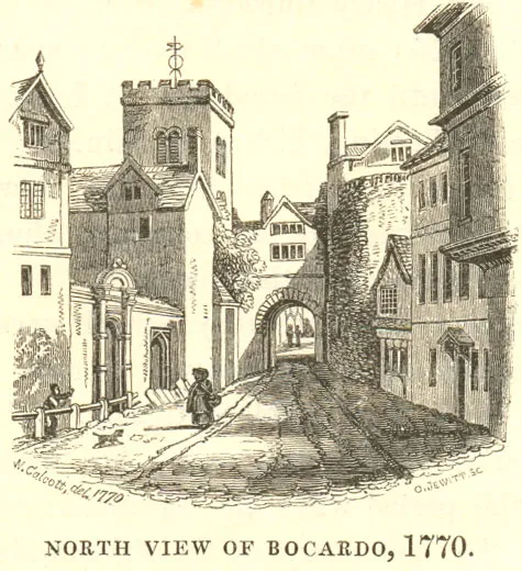Gravure uit 1770 van North View of Bocardo, waarop de kerktoren van St Michael at the North Gate, de stenen boog en een geplaveide straat met figuren te zien zijn
