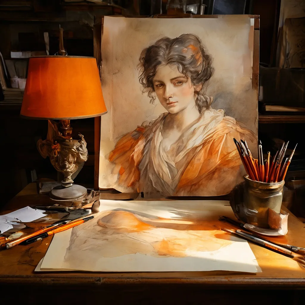 Een conceptueel beeld van kunsthistorisch onderzoek met een klassieke potloodschets.