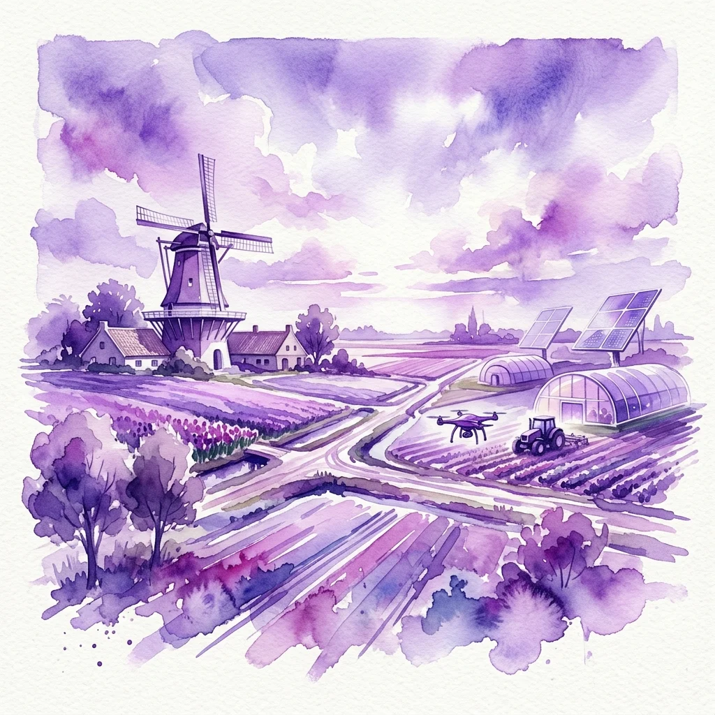 A watercolor illustration of a Dutch farm landscape in transition, featuring a traditional windmill, solar panels, a drone, and a tractor, symbolizing the shift to sustainable agriculture.