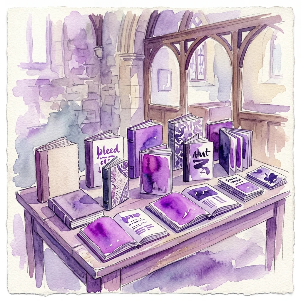 A watercolor illustration of a display table in a historic gallery, featuring open and closed books with purple and white covers, showcasing unique printed works from the exhibition 'Mooi Marginaal. 50 bijzondere druksels'.