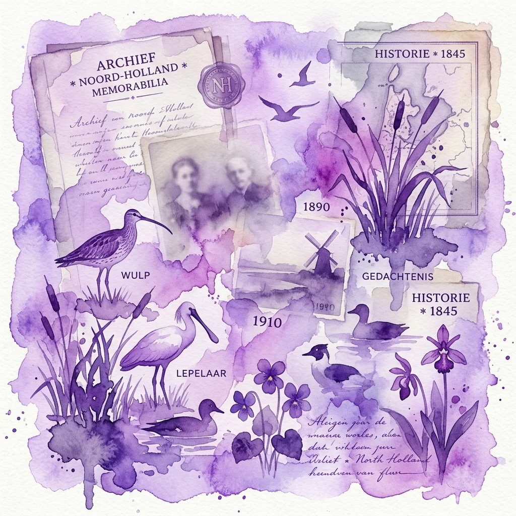 A purple watercolor collage featuring historical documents, faded photographs, and illustrations of extinct or rare North Holland species like the wulp, lepelaar, and gedachtenis flower, with labels and dates.