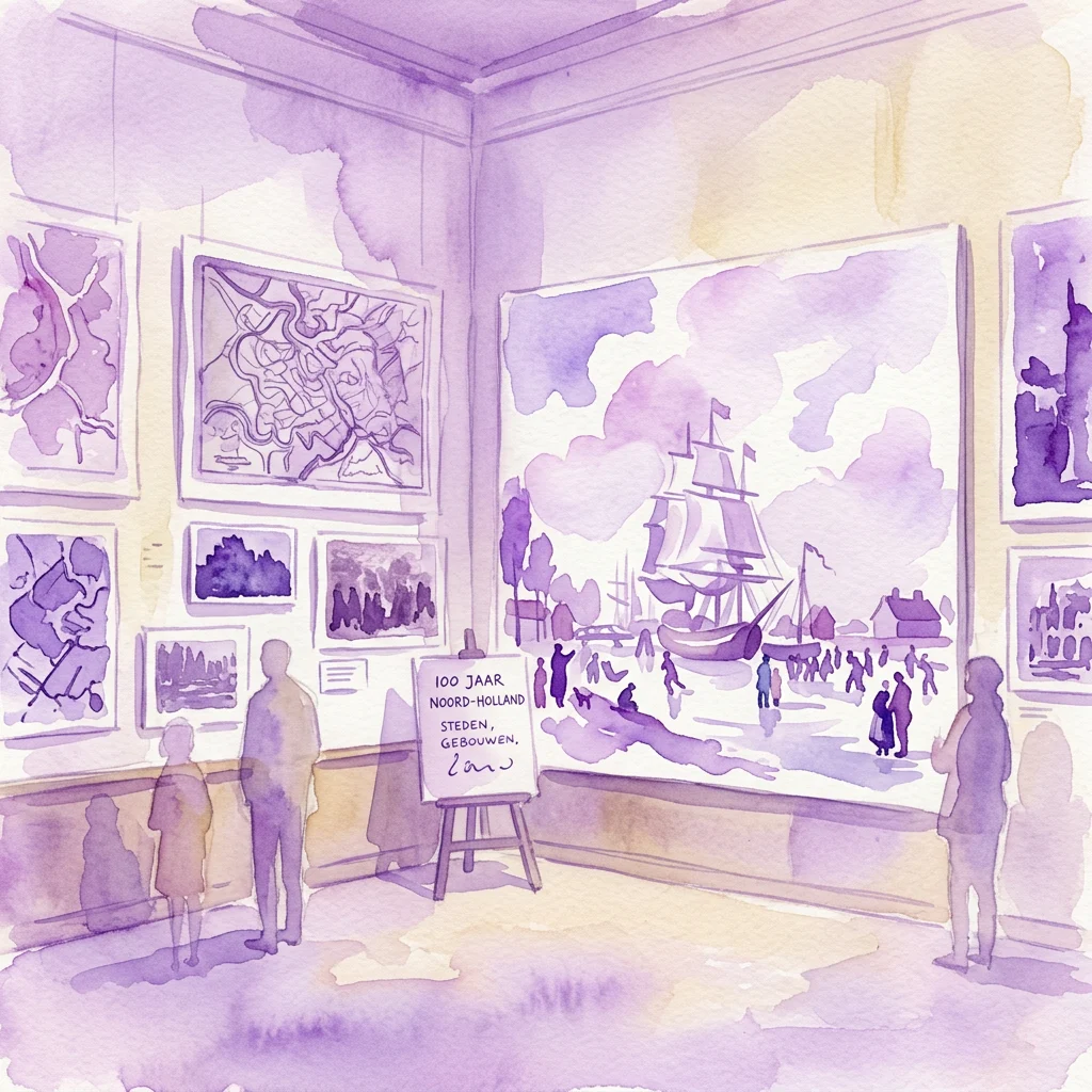 Ilustración en acuarela de una sala de museo que exhibe mapas y obras de arte históricas sobre Noord-Holland, con visitantes observando una gran pintura de un barco y un letrero que dice '100 JAAR NOORD-HOLLAND STEDEN, GEBOUWEN, LAN'.