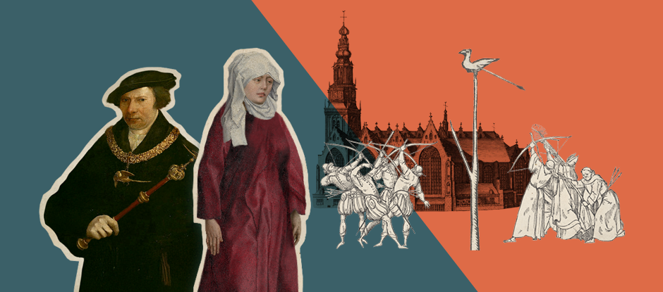 Postacie historyczne w strojach z epoki, panorama Amsterdamu z wieżą kościelną i grupowe ilustracje na podzielonym niebiesko-pomarańczowym tle