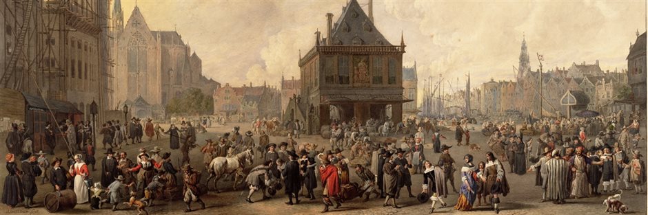 Historyczny obraz tętniącej życiem XIX-wiecznej ulicy Amsterdamu z tłumami, karocami i kamienicami pod zamglonym niebem.