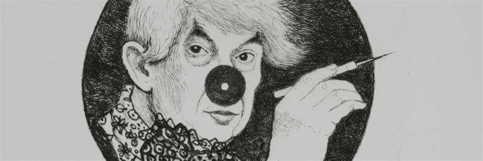 Black and white illustration of a person with round black nose holding paintbrush, wearing ruffled collar within circular frame