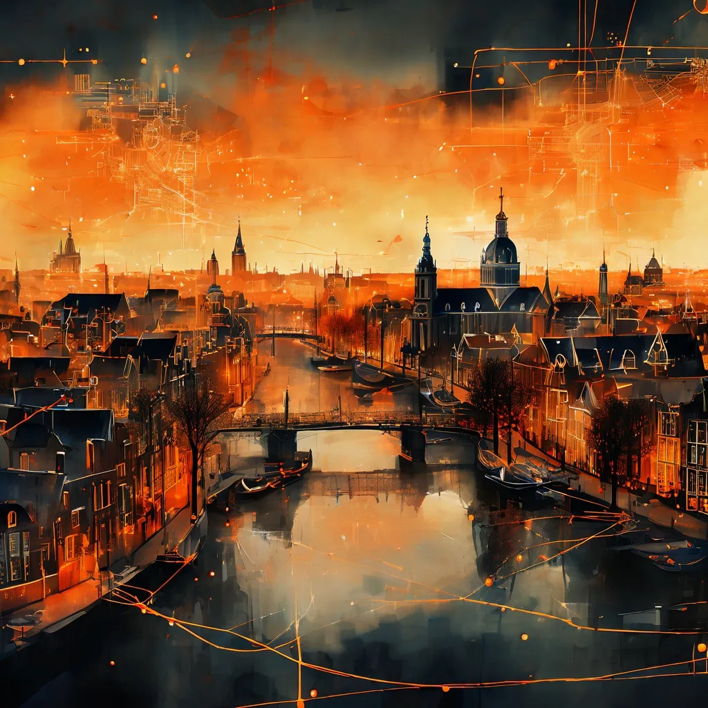 A conceptual illustration of a detailed historical map of Amsterdam, featuring modern digital overlays that highlight various location data points, representing the Stadsarchief Amsterdam's 'At the Right Address' project.