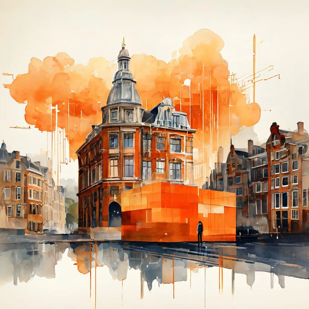 Abstrakcyjna reprezentacja danych cyfrowych przepływających do pamięci masowej w chmurze, z subtelnym tłem przedstawiającym budynek Stadsarchief Amsterdam.