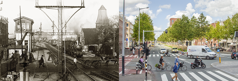Podzielony obraz: historyczny czarno-biały widok amsterdamskiej ulicy z tramwajami i pieszymi po lewej stronie; nowoczesny kolorowy widok tego samego skrzyżowania z rowerzystami i pojazdami po prawej stronie