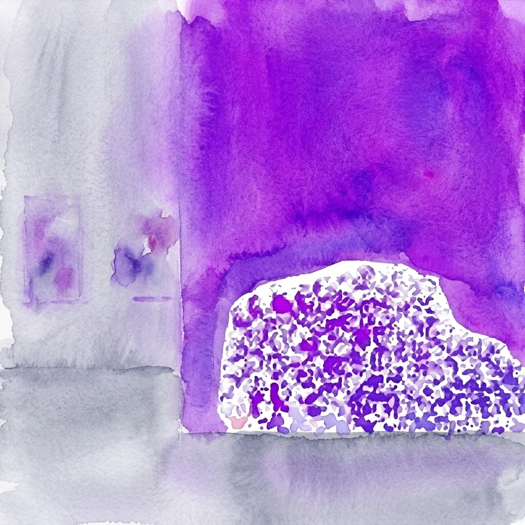 Abstract watercolor painting featuring vibrant purple washes and a textured white shape with purple speckles, part of the 30 Works of Art exhibition.