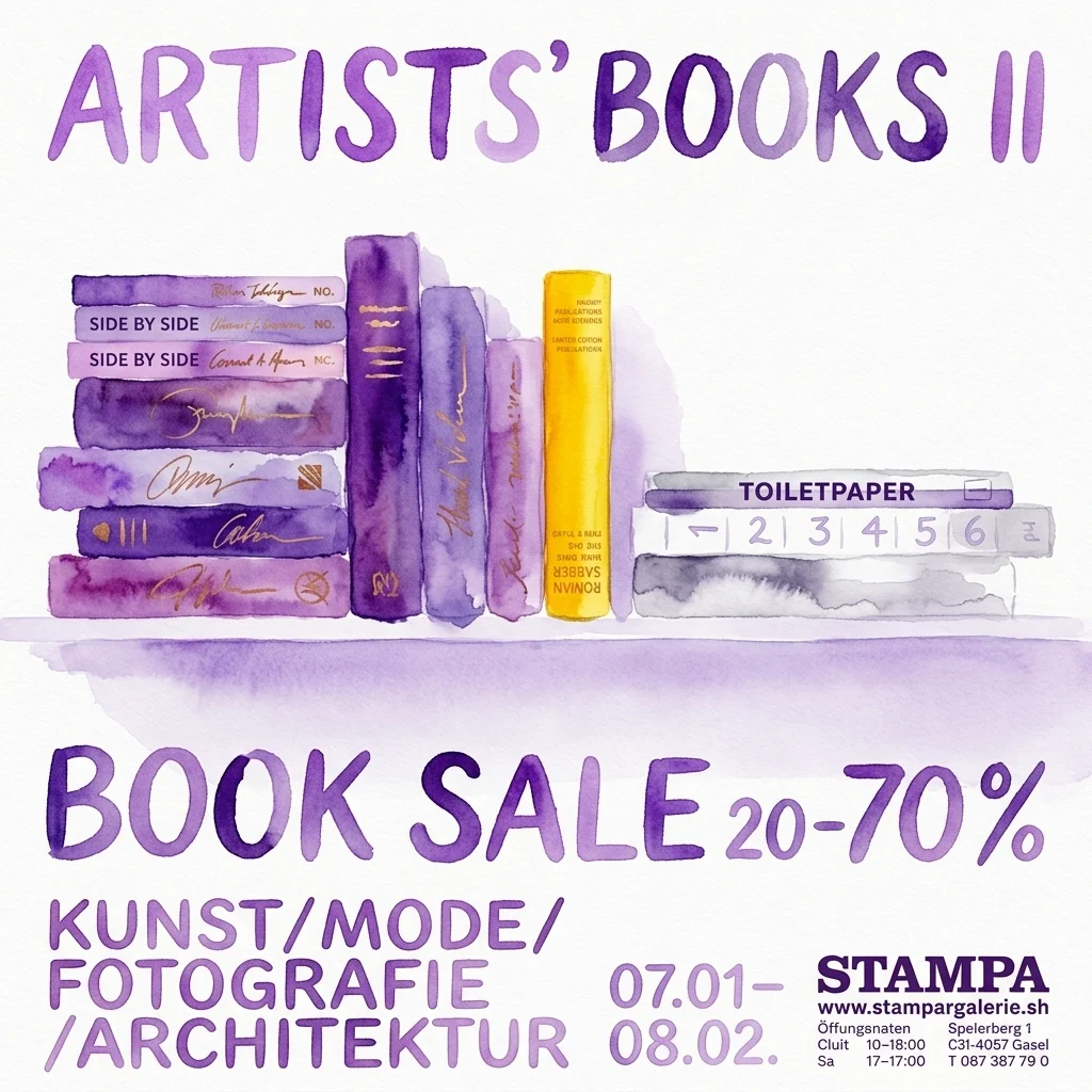 Ilustración en acuarela de libros para la venta Artists' Books II en Stampa Galerie, con descuentos del 20-70% en libros de arte, moda, fotografía y arquitectura.