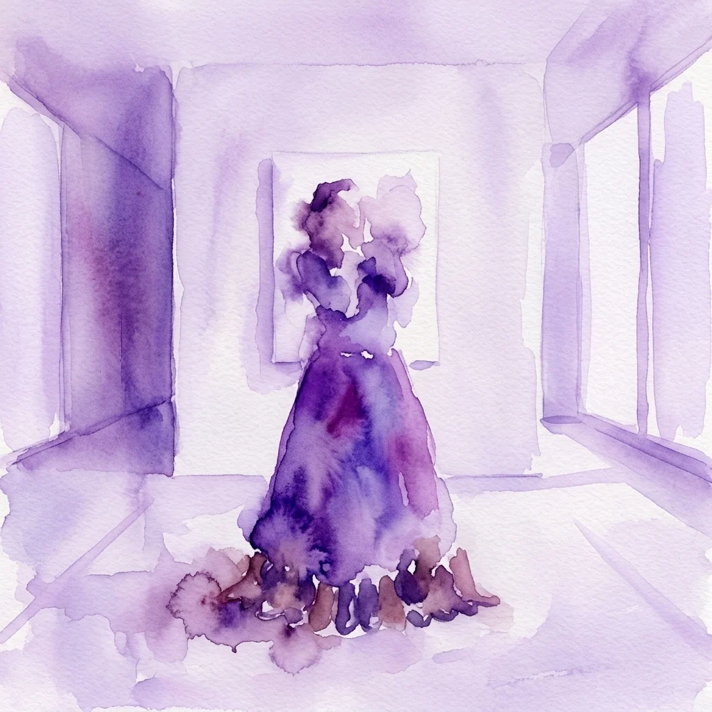 Una ilustración en acuarela de color morado de una figura con un vestido largo de pie en una galería, observando un cuadro abstracto en la pared.