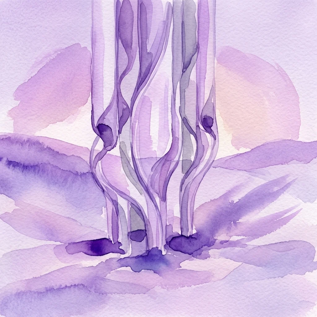 Een paars aquarel schilderij met abstracte, vloeiende verticale vormen die doen denken aan orgelpijpen die oprijzen uit een textuurrijke, zanderige ondergrond, wat geluid en woestijnmysterie oproept.
