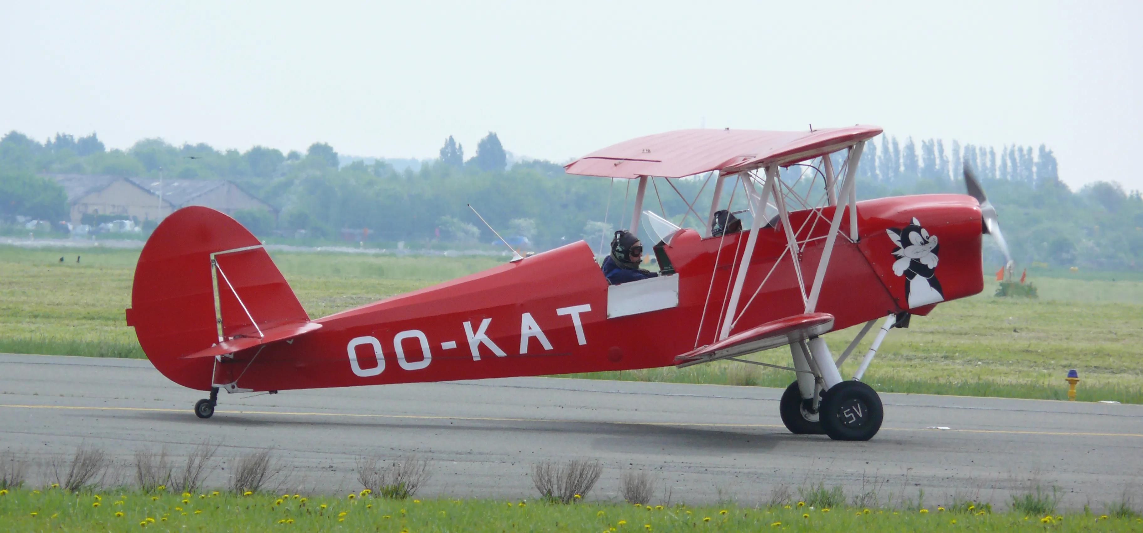 Biplano Stampe & Vertongen SV.4E rojo con matrícula OO-KAT rodando por una pista, con el piloto visible en la cabina abierta y árboles y hierba al fondo.