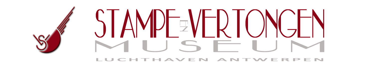 Logotipo del Stampe & Vertongen Museum con un icono de hélice estilizada en rojo y texto blanco que dice STAMPE & VERTONGEN MUSEUM LUCHTHAVEN ANTWERPEN sobre fondo negro
