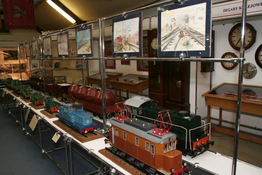 Model trains and railway exhibits on display in a museum gallery