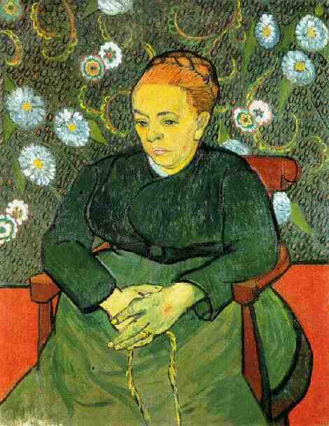 Een schilderij van een vrouw met rood haar en een groene jurk, zittend in een rode stoel, omringd door witte en blauwe bloemen tegen een donkere, patroonrijke achtergrond.