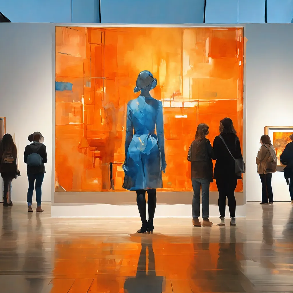 A conceptual image illustrating the historical re-evaluation of art, featuring a vintage painting with a subtle blue dot, set within the context of the Stedelijk Museum Amsterdam.
