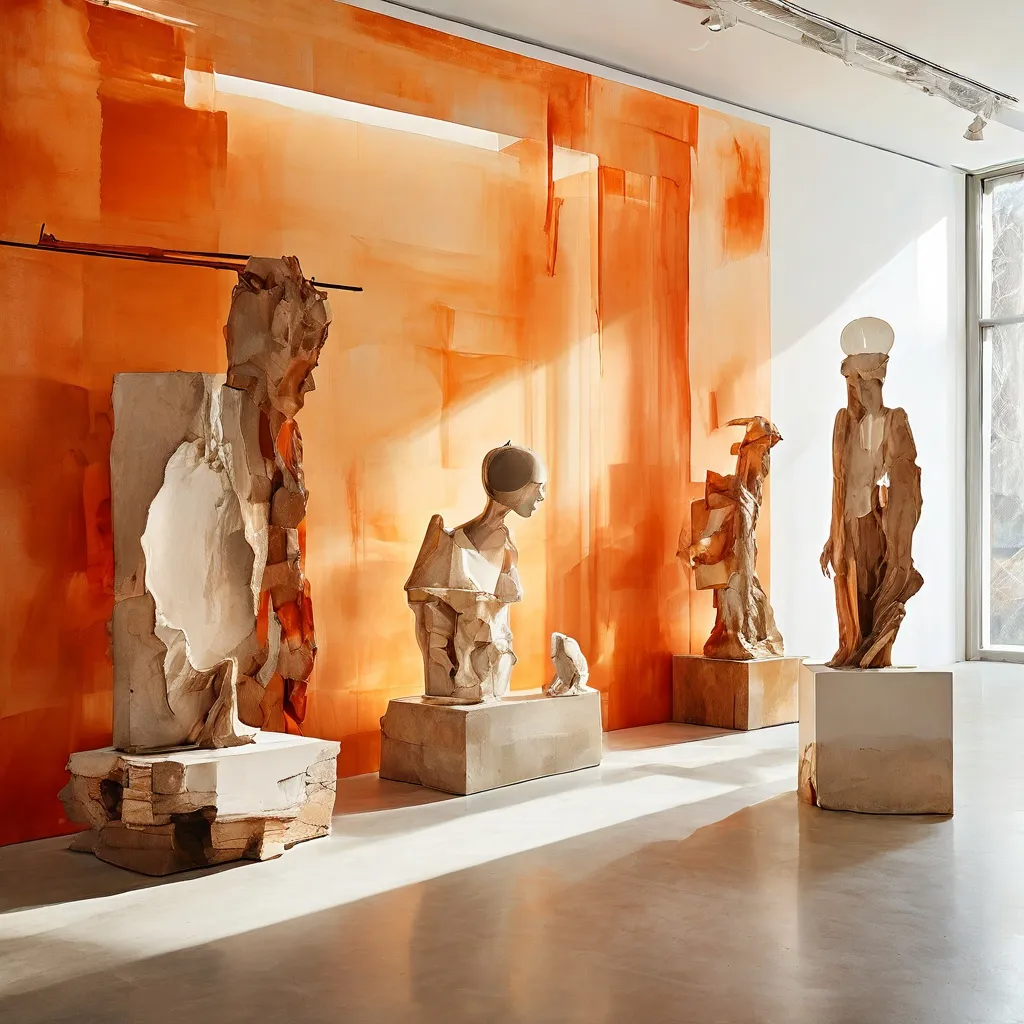 Un espacio de galería minimalista en el Stedelijk Museum que presenta una instalación de arte conceptual con esculturas hechas de materiales naturales y objetos encontrados, parte de la exposición de Danh Vo.