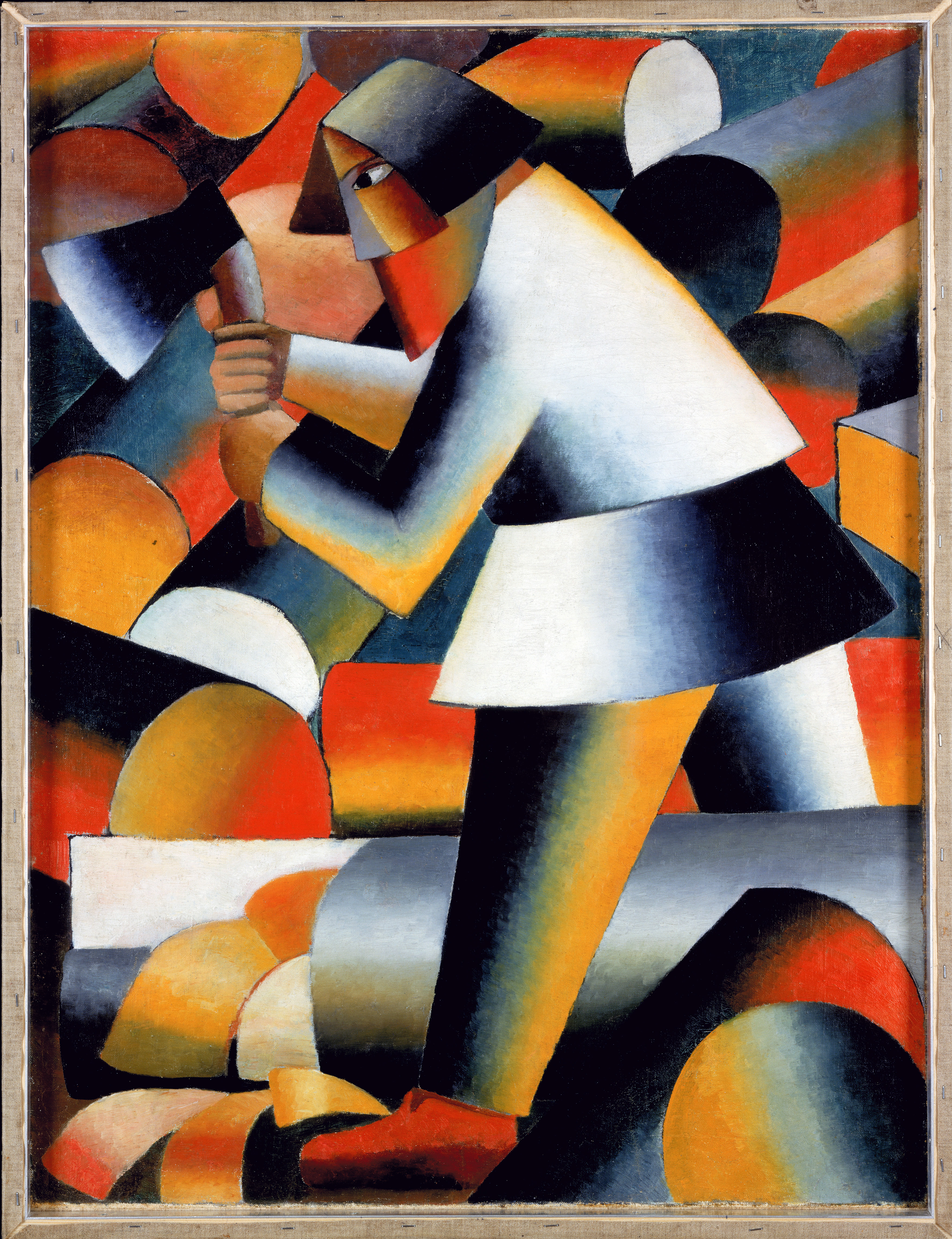 Abstract geometrisch schilderij van een figuur die een bijl vasthoudt, met levendige rode, oranje en zwarte vormen op de achtergrond