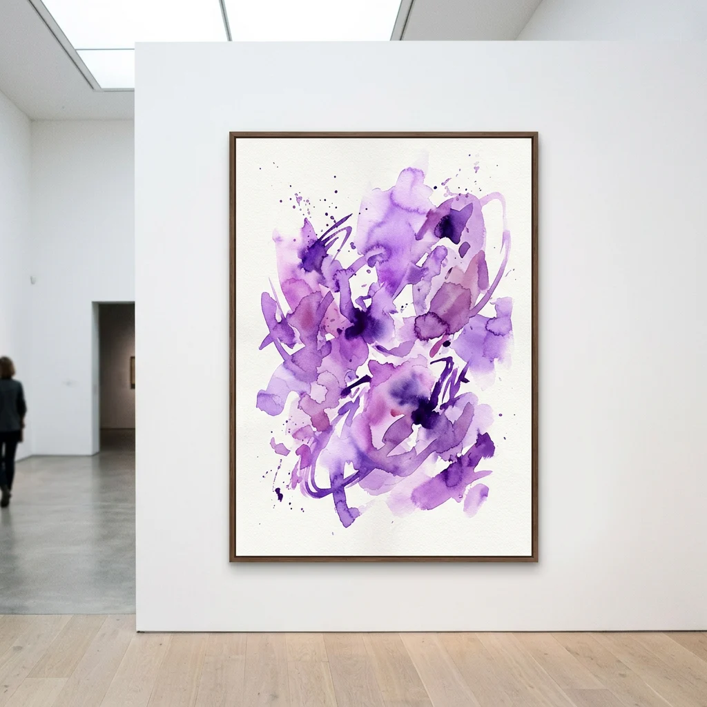 Abstract purple watercolor painting by Adam Pendleton displayed in a museum gallery with white walls and wooden floors.